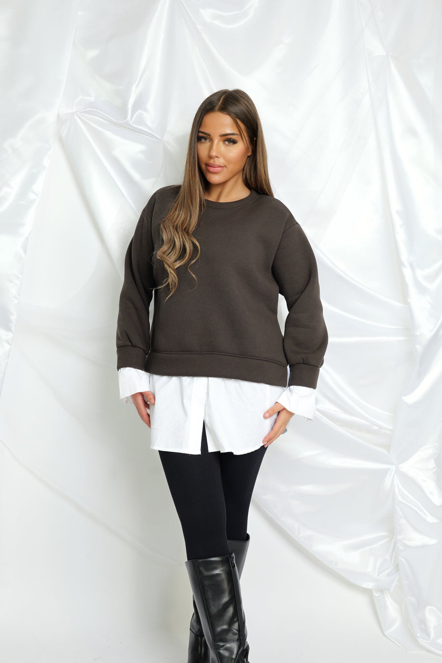 Pull avec chemise intégrée - chocolat